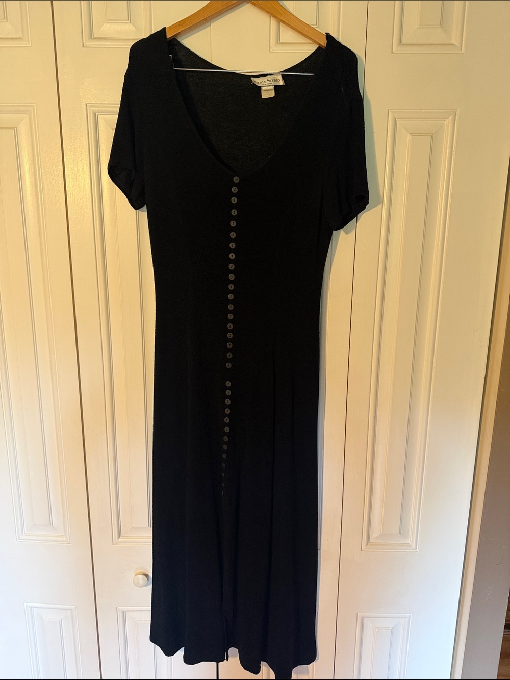 Black Short-Sleeve Maxi Dress with Front Button Detail